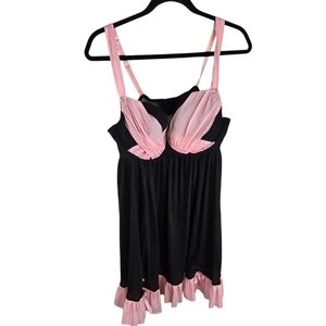 Cacique pink black ruffle coquette babydoll lingerie chemise